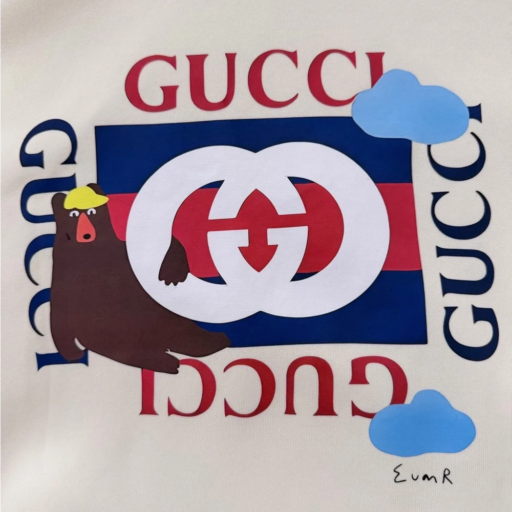 Gucci Cream Crewneck Hoodie with Red & Blue Logo